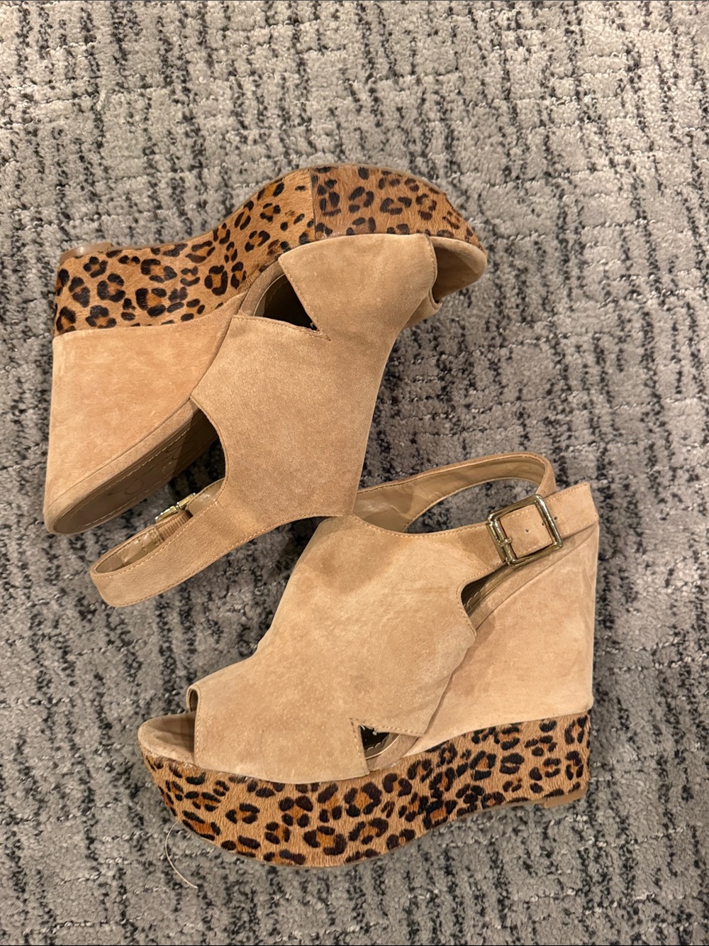 Jessica Simpson Suede Leopard-Trim Tan Wedge Sandals - Women’s size 8